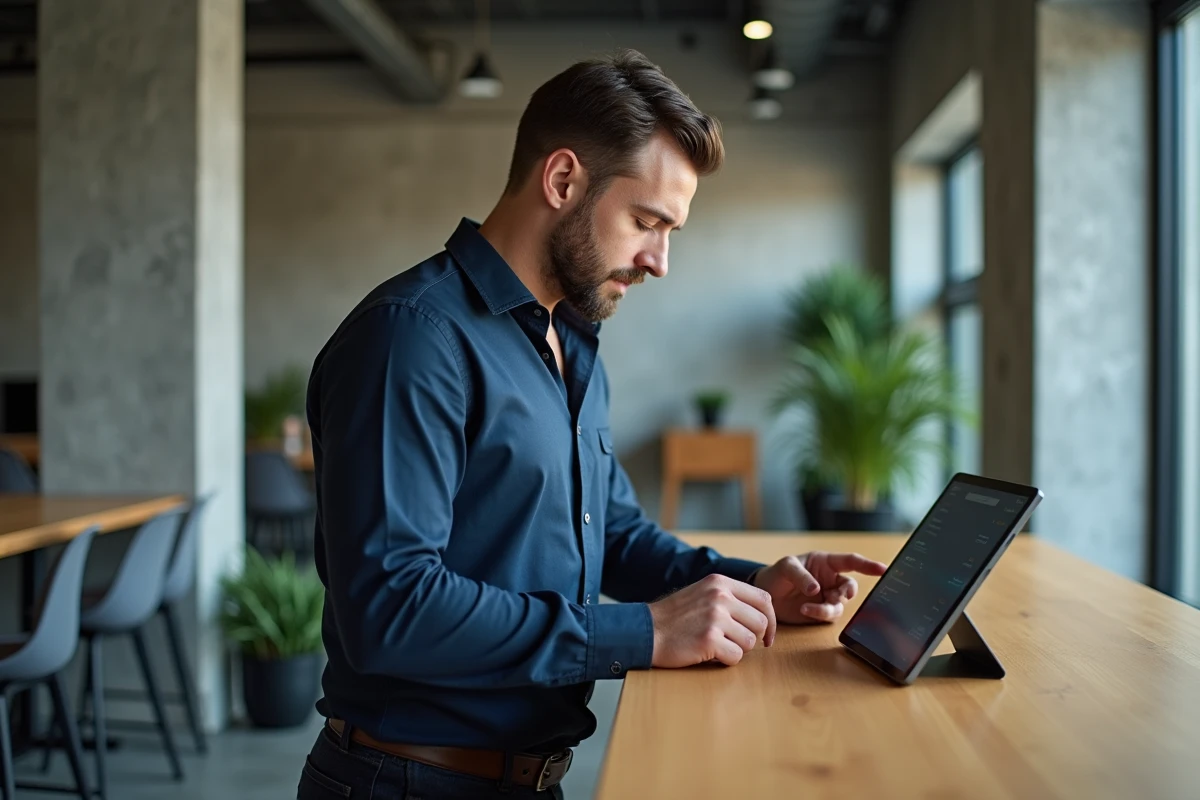 Homme utilisant une application bancaire Nickel sur tablette dans un espace de coworking