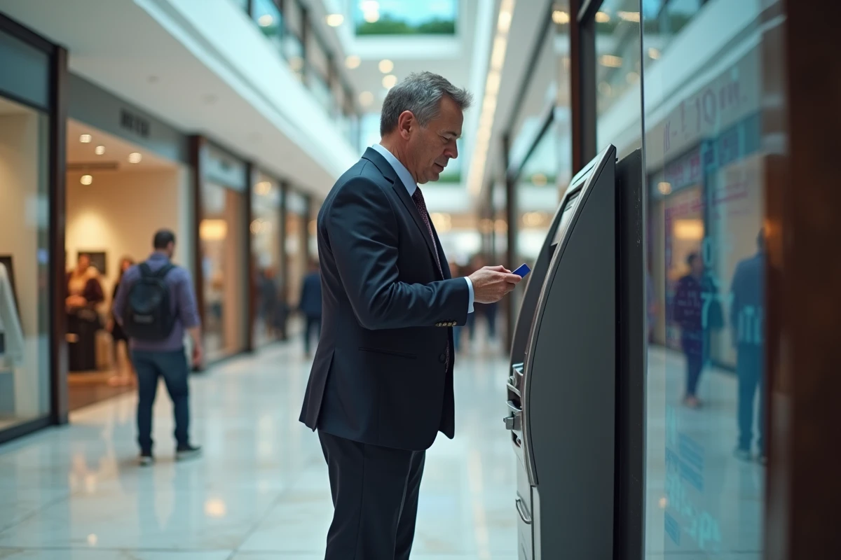Homme d affaires inspectant sa carte bancaire au centre commercial