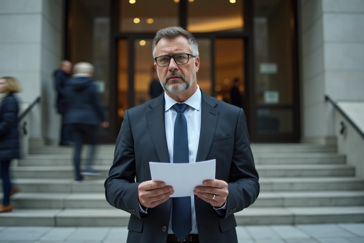 Homme d affaires examine une lettre devant une banque