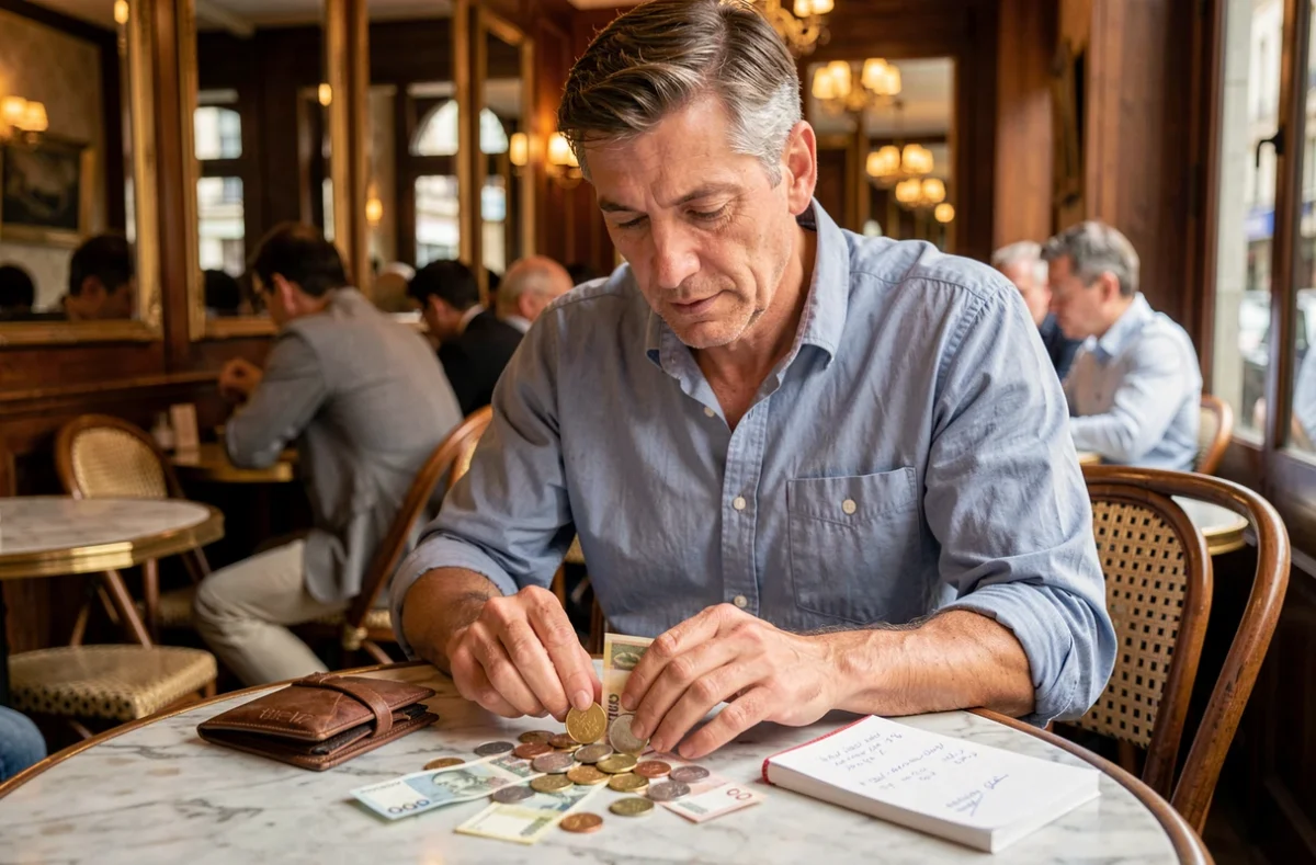 Homme dans un bistrot parisien calculant la conversion de 400 francs en euros avec des billets et pièces posés sur la table