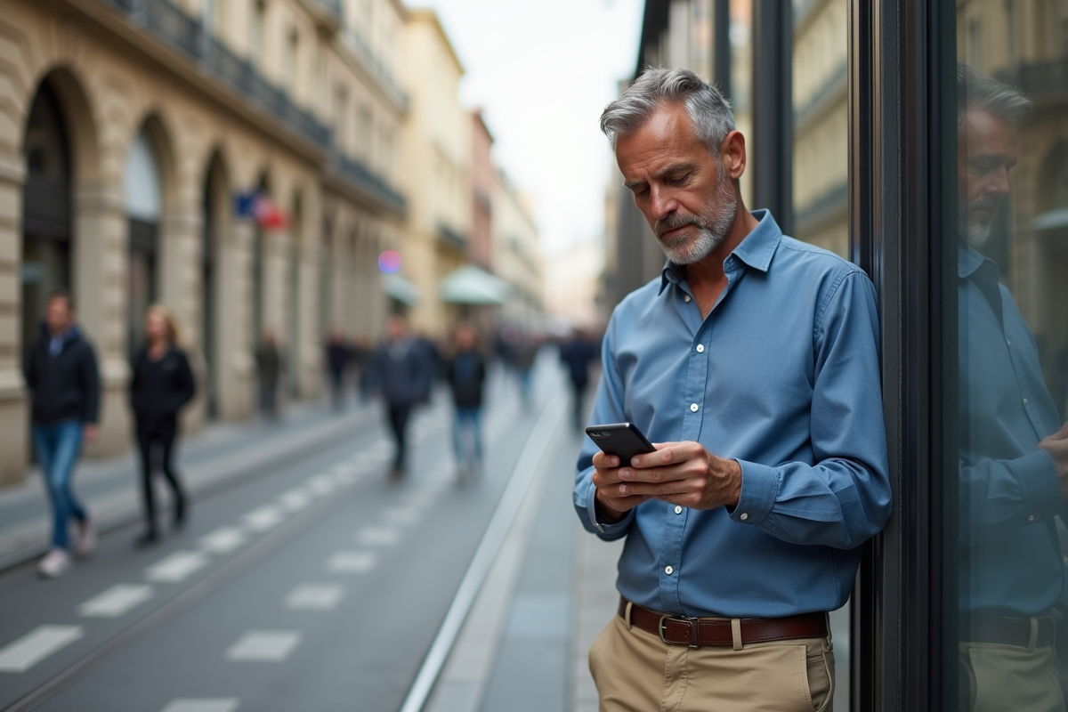 Homme regardant son smartphone dans une rue de Bordeaux
