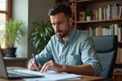 Homme consultant des documents administratifs sur son bureau pour comprendre le calcul de ses allocations chômage et le cumul emploi-chômage
