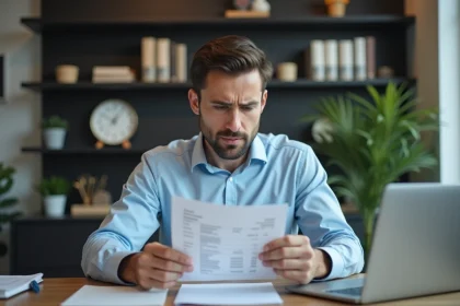 Jeune homme au bureau regardant une fiche de paie