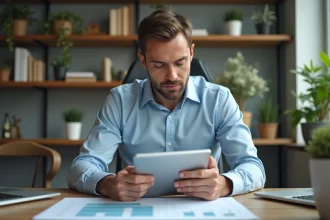 Homme d'affaires regardant des graphiques financiers sur une tablette