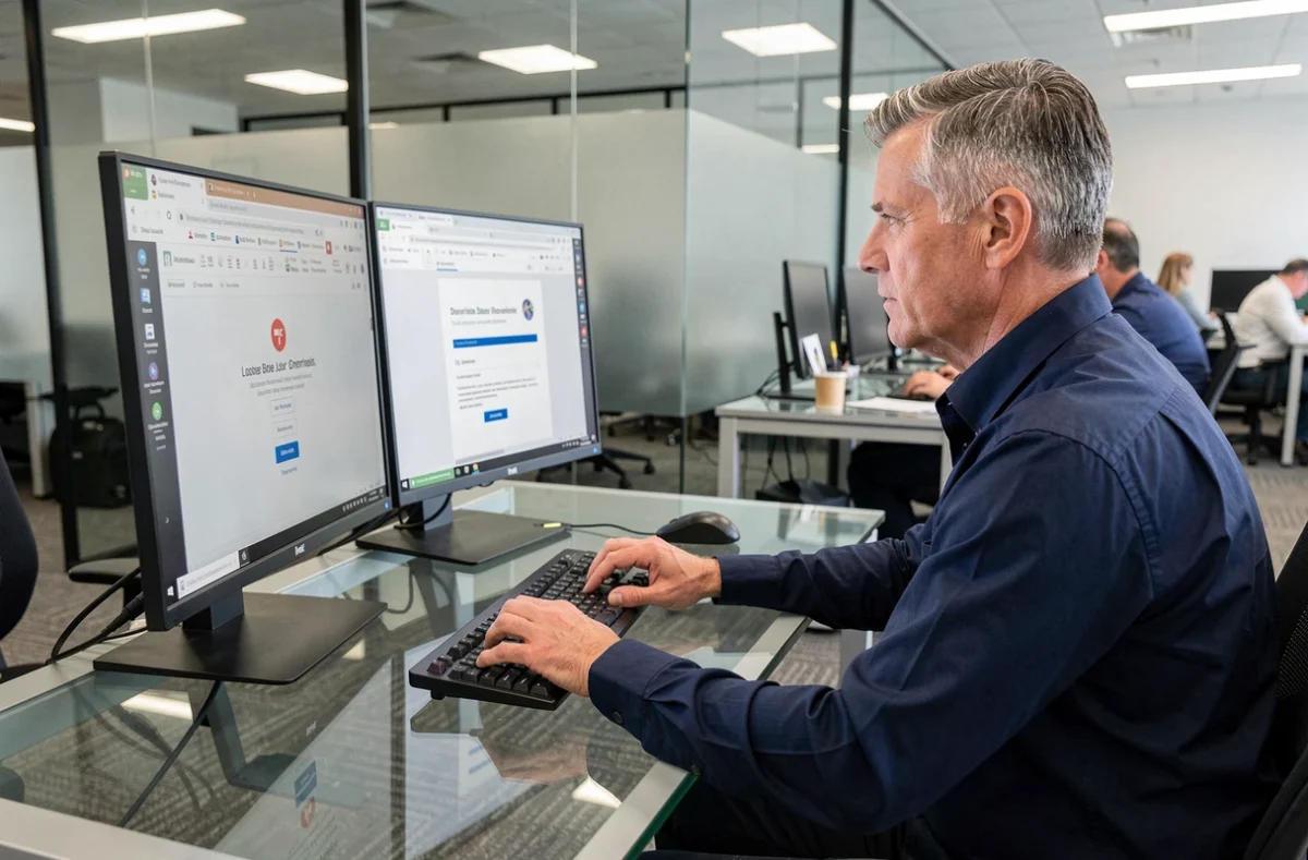 Homme en entreprise tentant de résoudre un problème de connexion bloquée sur son espace client bancaire depuis un ordinateur de bureau