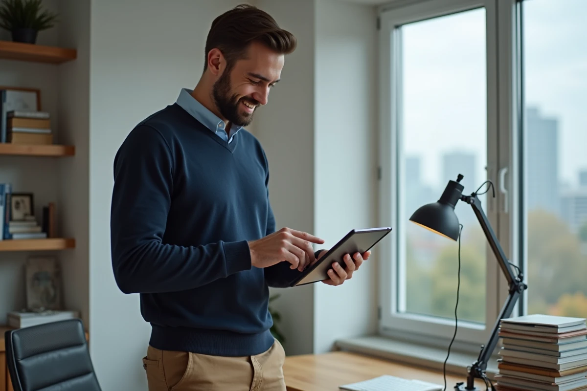 Homme en casual utilisant une tablette dans son bureau