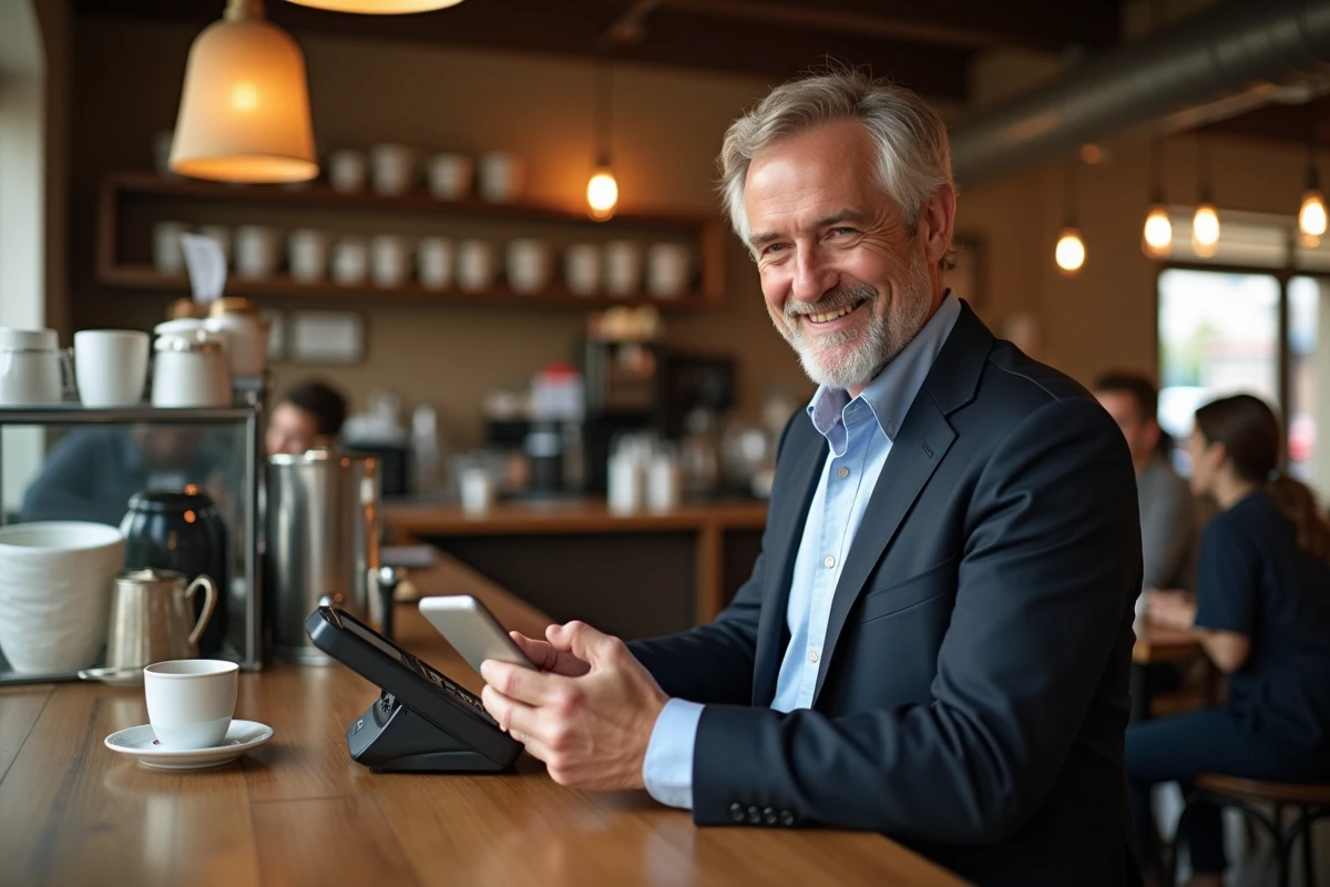 Homme au café effectuant un paiement mobile avec son smartphone