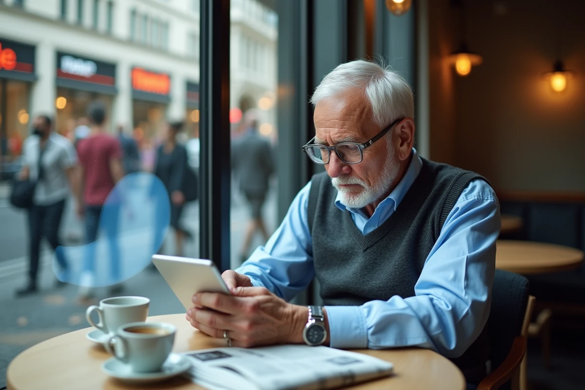 Homme âgé utilisant une tablette dans un café urbain