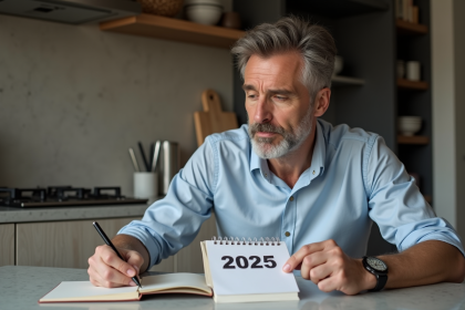 Homme d'âge moyen dans une cuisine moderne regardant un calendrier 2025