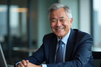 Homme canadien souriant en costume dans un bureau moderne