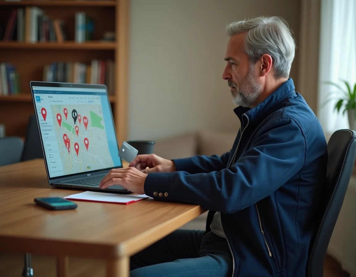 Homme utilisant un ordinateur portable pour rechercher un distributeur automatique de billets sur une carte interactive en ligne depuis son bureau