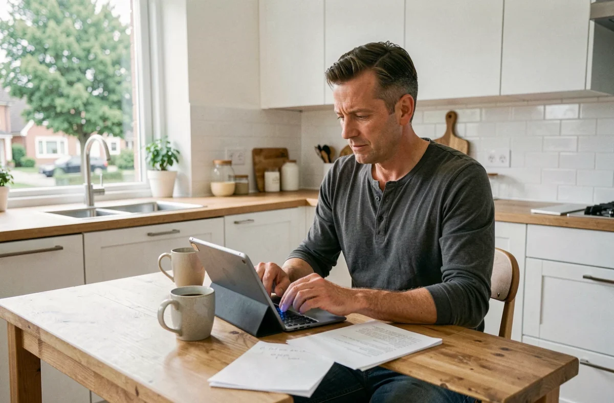 Un homme compare des assurances en ligne sur tablette dans une cuisine moderne, évaluant Qlara et ses concurrents