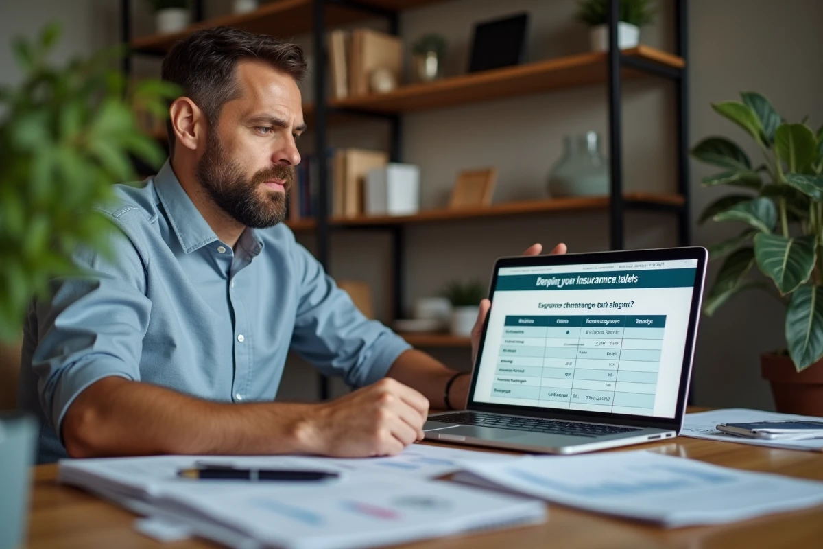 Homme consultant en ligne les avis sur l'assurance auto Pacifica comparée aux assurances des grandes banques depuis son bureau à domicile