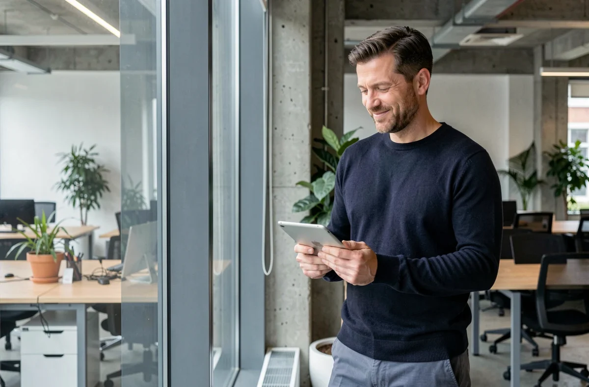 Homme consultant un blog sur tablette dans un espace de coworking moderne, symbolisant une reconversion professionnelle inspirée par des lectures en ligne