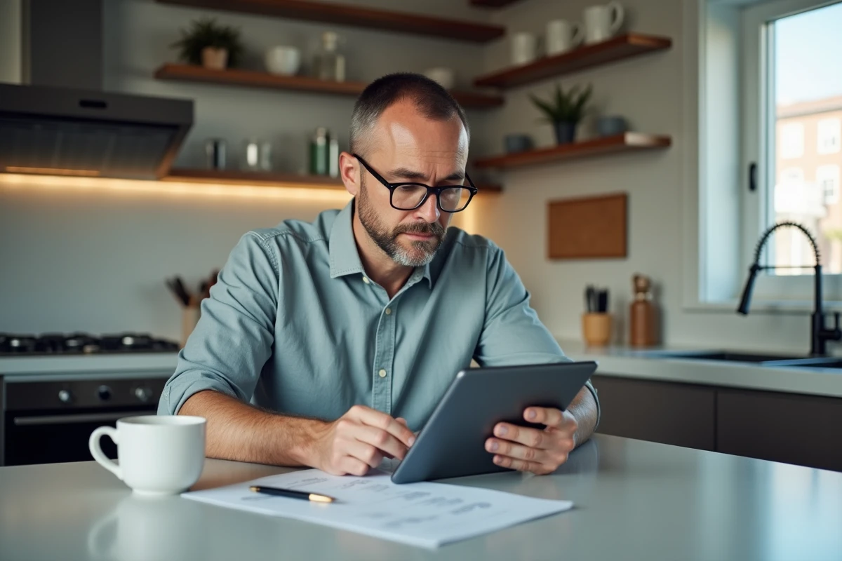 Homme vérifiant une facture numérique dans la cuisine