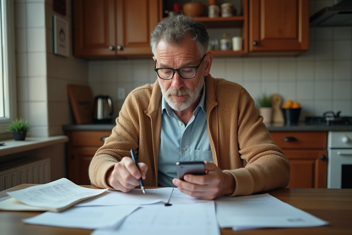 Homme &agrave; la maison v&eacute;rifiant ses factures et calendrier