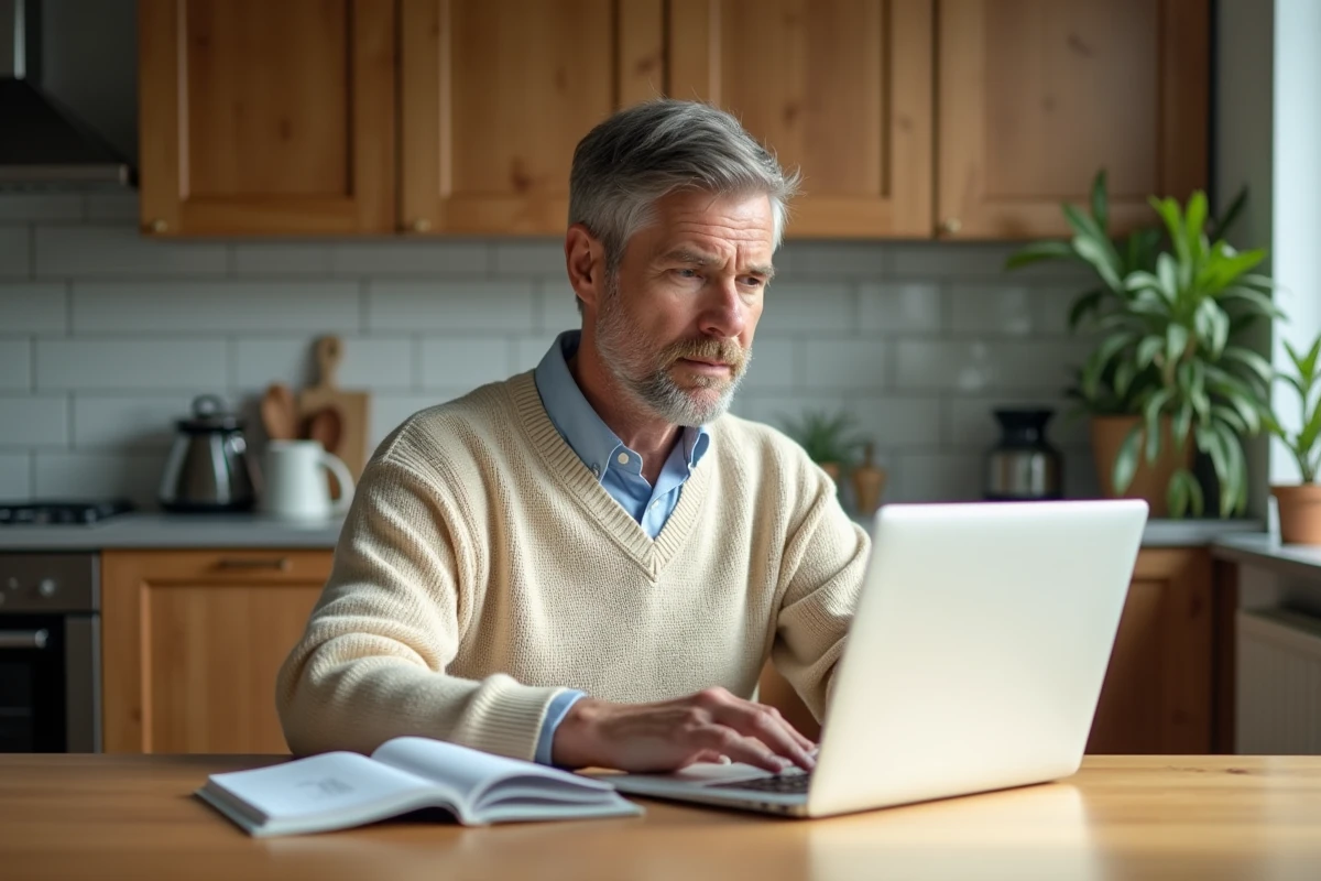 Homme d age moyen travaillant sur son ordinateur dans une cuisine chaleureuse