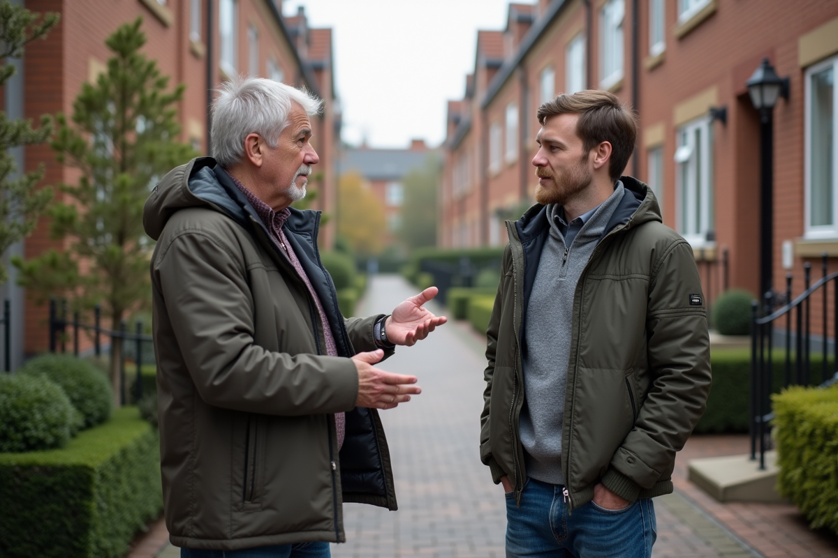 Homme et jeune adulte discutant devant une maison en ville