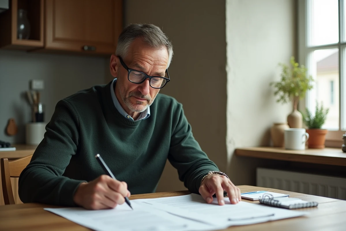 Homme à domicile comparant deux contrats de travail temps plein et temps partiel pour calculer son salaire net