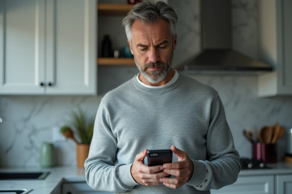 Homme consultant un email suspect sur son smartphone dans sa cuisine, symbolisant la protection des données personnelles face aux tentatives de phishing
