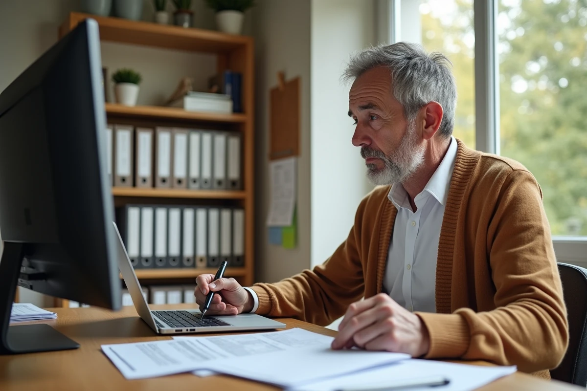 Homme français étudiant ses documents fiscaux dans un bureau lumineux