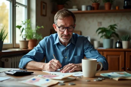 Homme fran&ccedil;ais concentr&eacute; avec billets et calculatrice