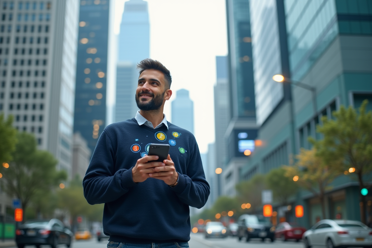 Homme avec smartphone dans un quartier financier futuriste