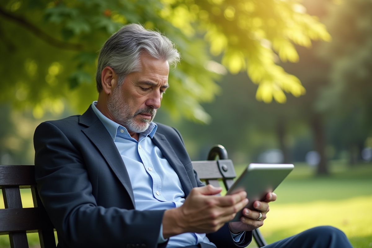 Homme mature utilisant une tablette dans un parc en journée