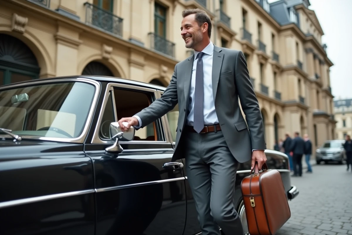 Homme en costume sortant d un taxi devant l hôtel de ville