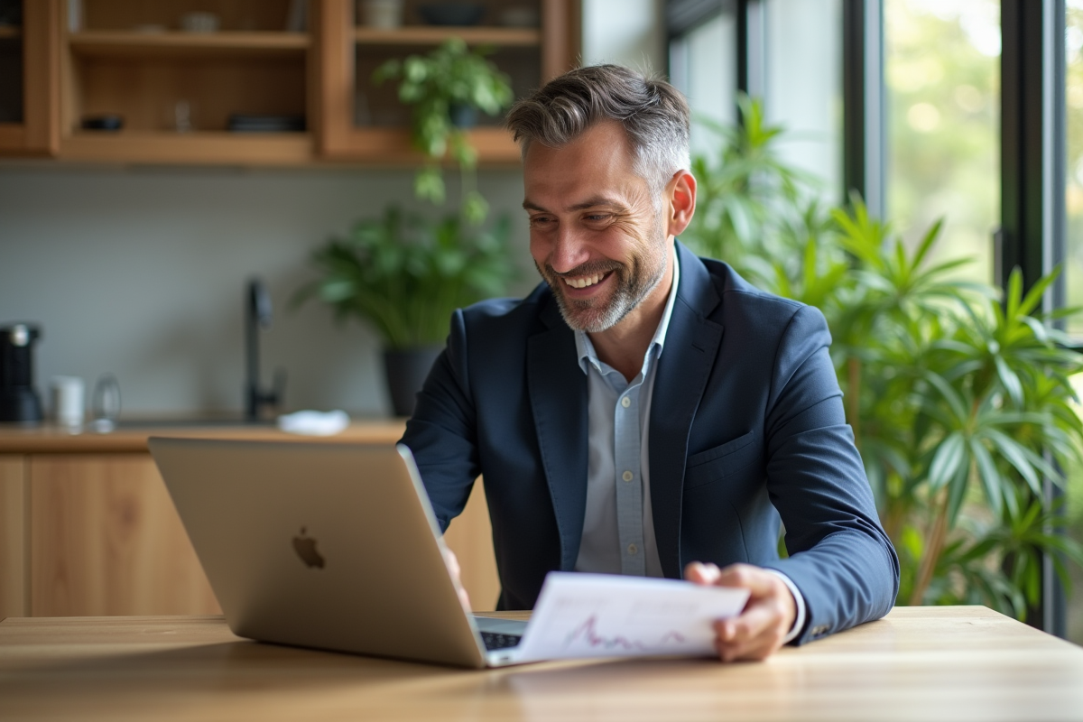 Homme d'affaires en costume examine des graphiques d'investissement