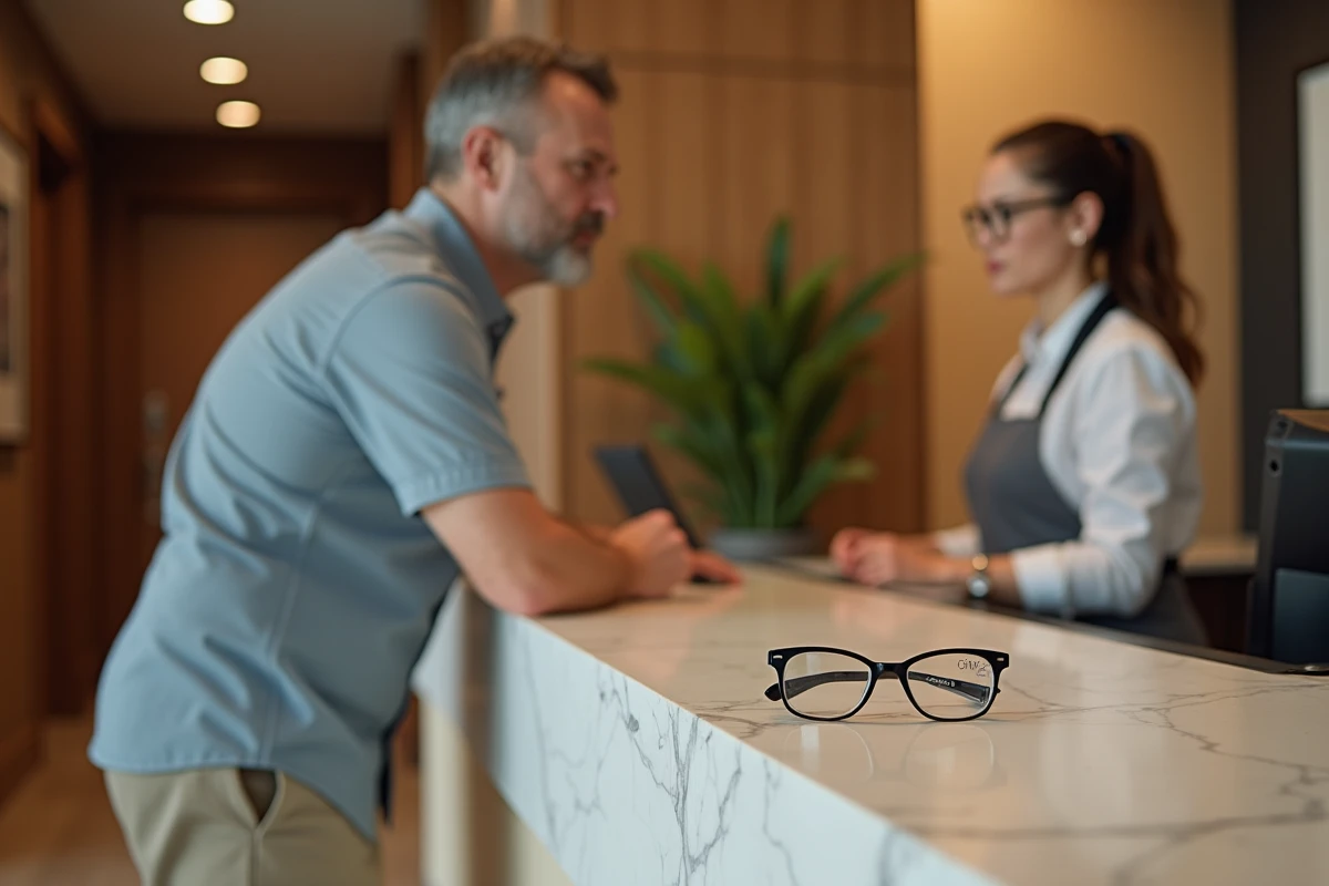 Homme signalant des lunettes cassées à la réception d'un hôtel pendant ses vacances