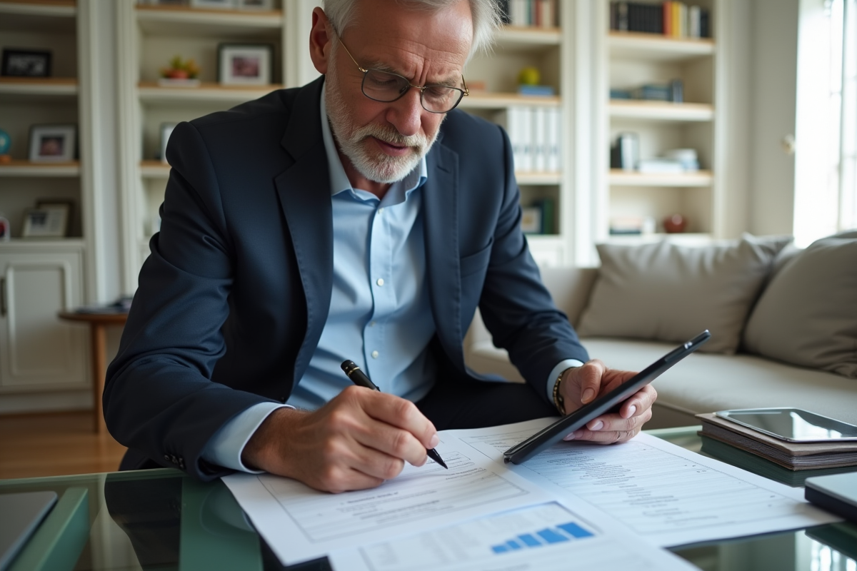 Homme vérifiant ses papiers financiers à la maison