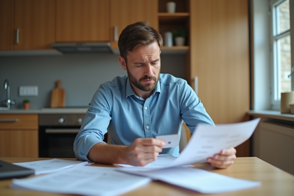 Homme en bleu &eacute;tudiant ses re&ccedil;us de paiement