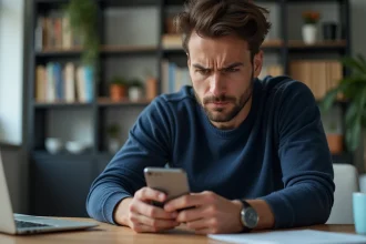 Homme cherchant le numéro de téléphone PayPal sur son smartphone dans un bureau à domicile