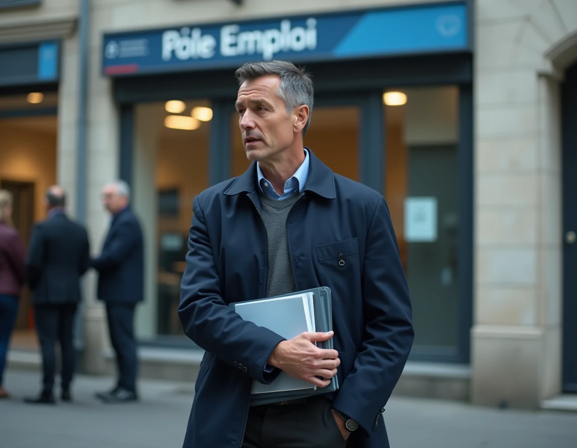 Homme en reconversion professionnelle devant une agence pour l'emploi tenant un dossier de demande de chômage