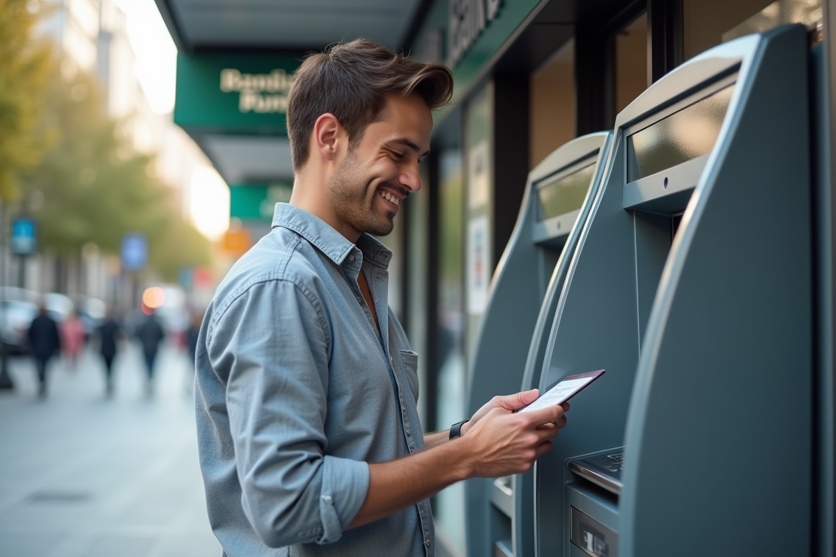 Homme vérifiant un reçu bancaire devant un distributeur automatique