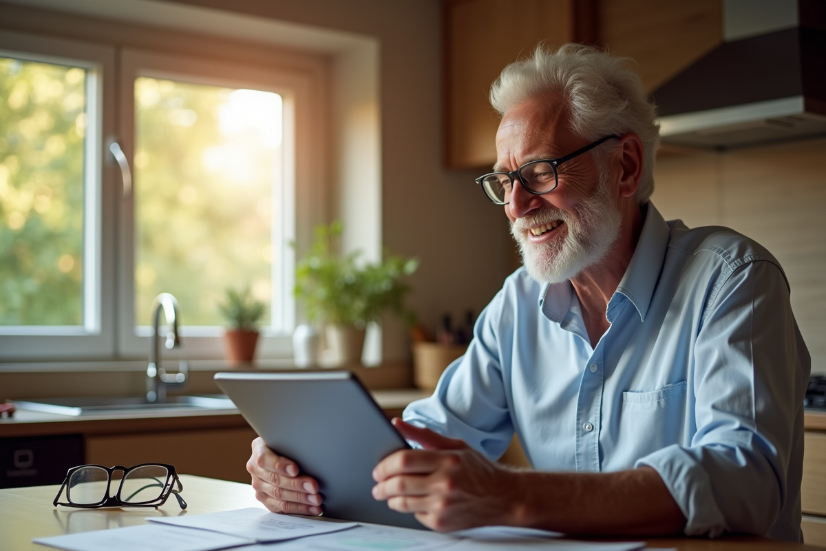 Homme senior utilisant une tablette dans une cuisine chaleureuse