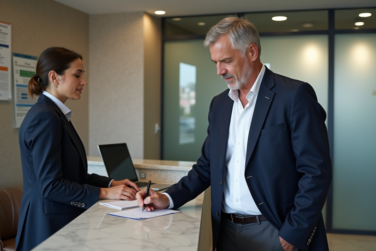Homme signant un document bancaire au comptoir
