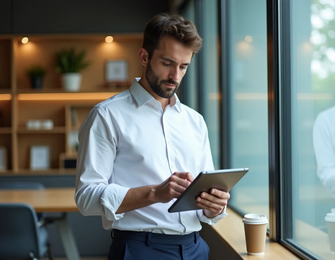 Homme consultant une application bancaire sur tablette pour vérifier le plafond de son livret LEL avant un premier achat immobilier