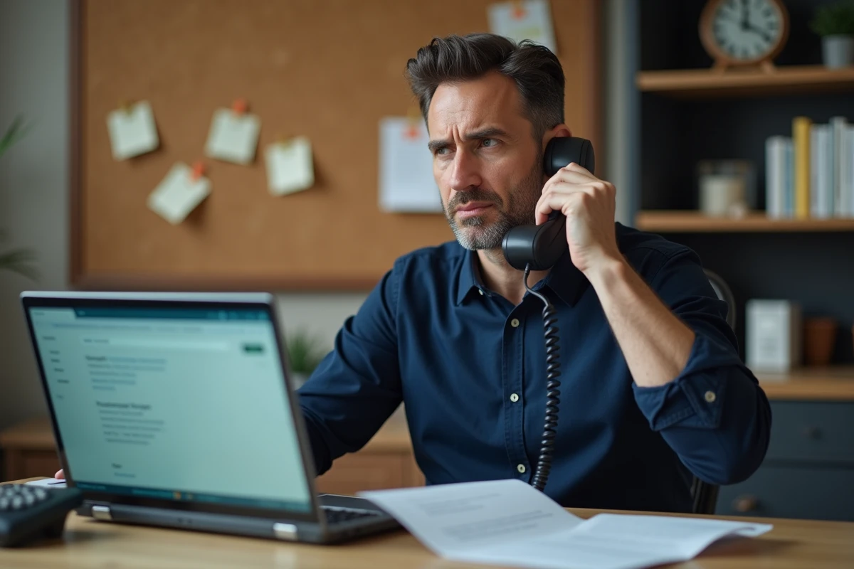 Homme contactant Cetelem par téléphone depuis son bureau pour un retard de paiement sur son crédit
