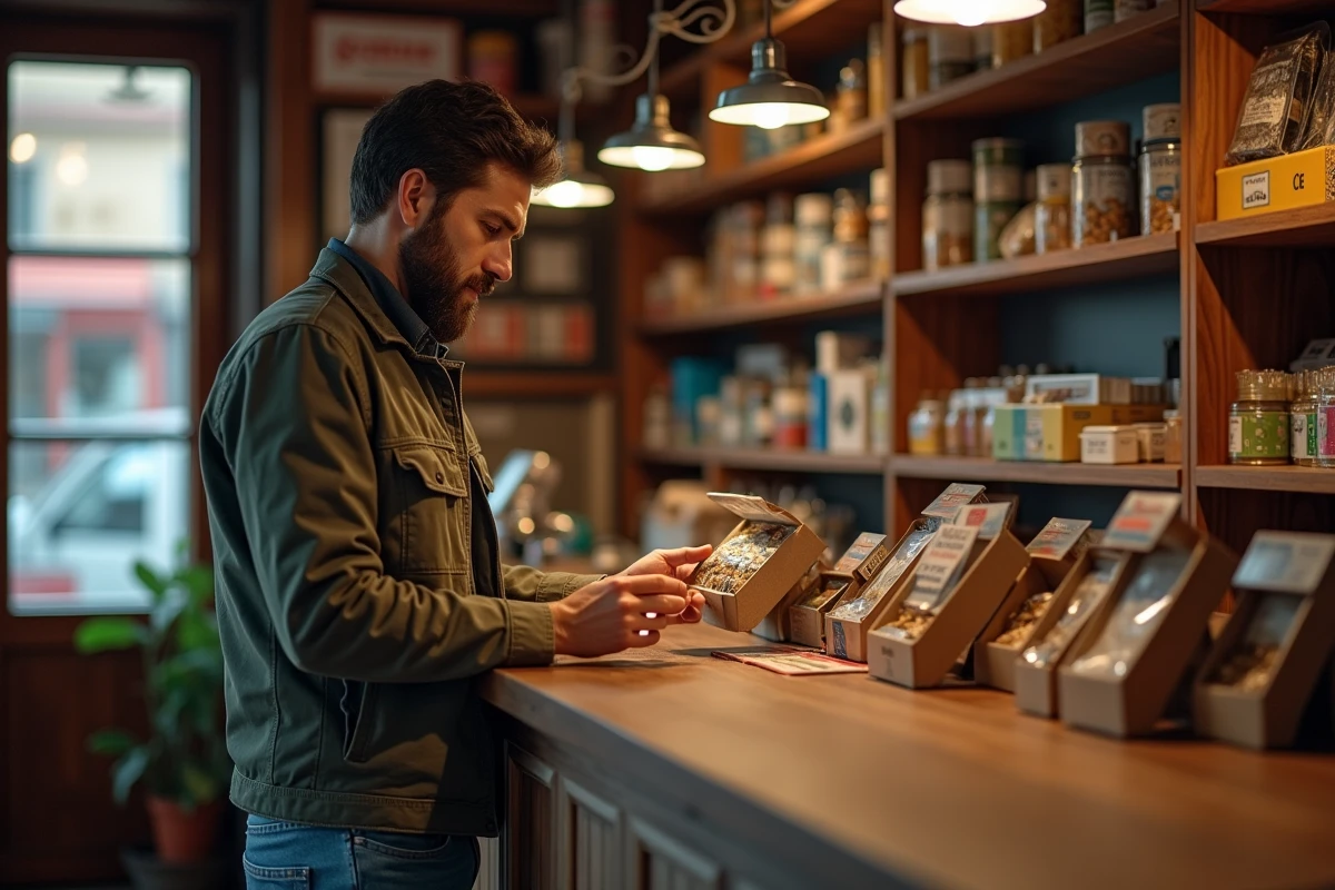 Homme contemplant des paquets de tabac en boutique en Espagne