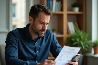 Homme consultant son application Trade Republic et des documents fiscaux sur un bureau en bois à domicile