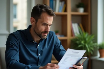 Homme consultant son application Trade Republic et des documents fiscaux sur un bureau en bois à domicile