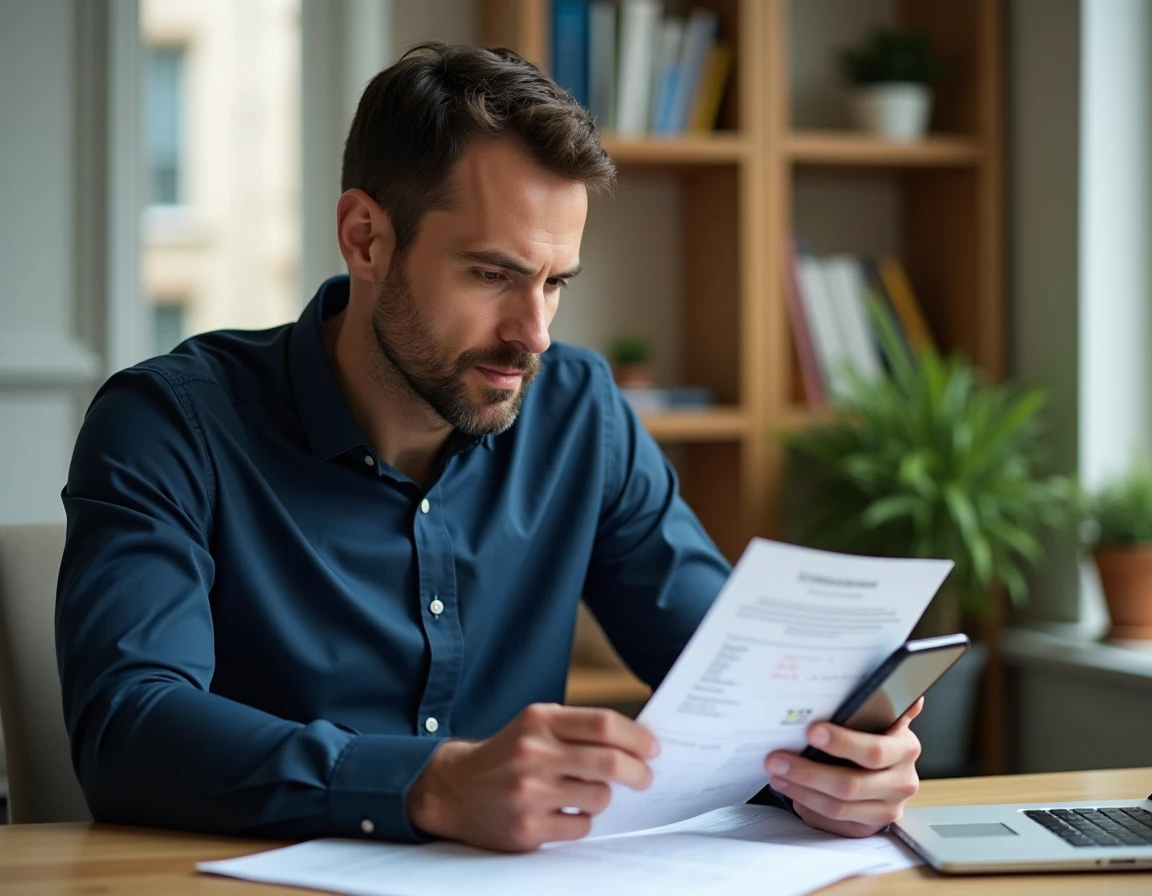 Homme consultant son application Trade Republic et des documents fiscaux sur un bureau en bois à domicile