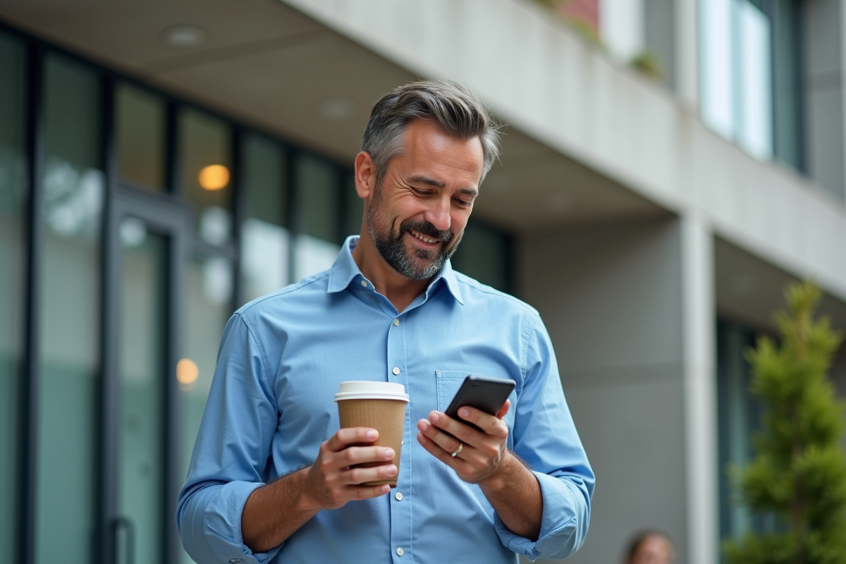 Homme utilisant son smartphone bancaire en ville