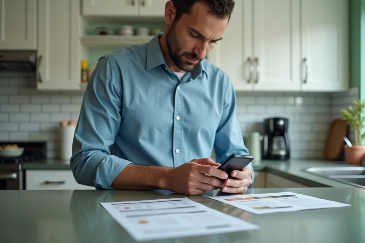 Homme consultant son smartphone à côté d'une carte-cadeau Bimpli posée sur un comptoir de cuisine pour résoudre un problème de code Amazon