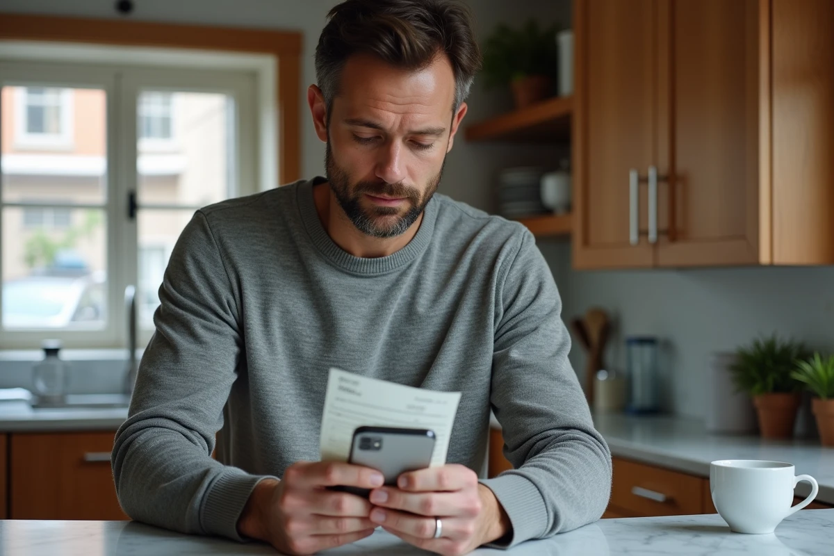 Homme vérifiant le montant maximum d'un chèque entre particuliers en consultant son smartphone dans une cuisine