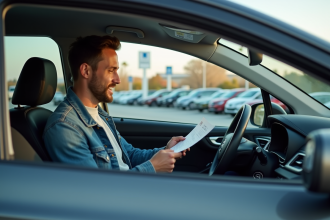 Homme en denim vérifiant papiers dans une voiture moderne