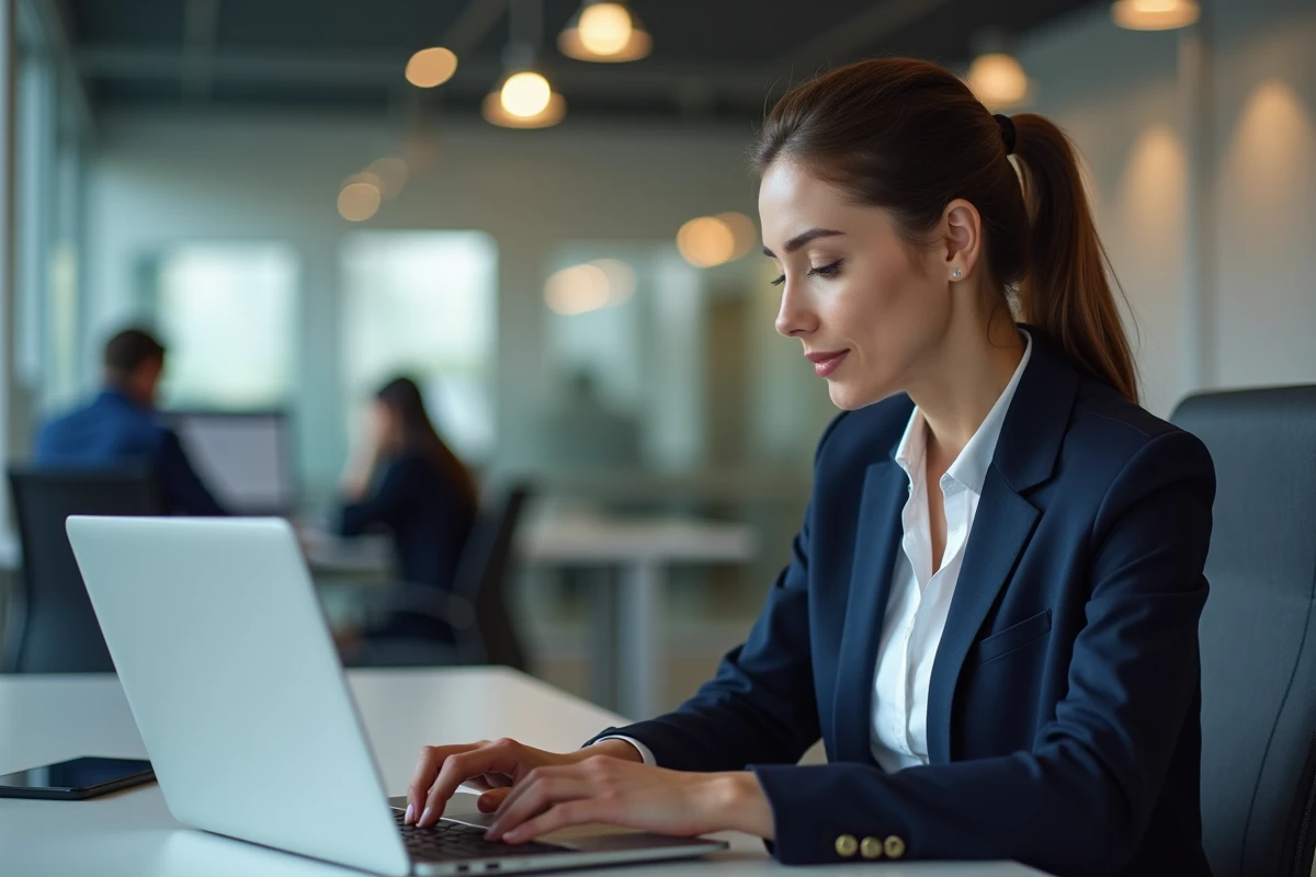 Femme professionnelle accédant à une interface bancaire sécurisée sur son ordinateur portable dans un bureau moderne