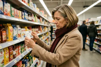 Femme examinant les prix dans un supermarché français, illustrant l'impact de l'inflation sur le pouvoir d'achat en 2026